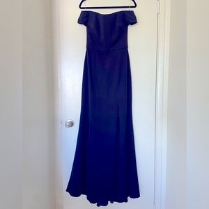 Amsale Navy Blue Floor Length Off Shoulder Gown 4